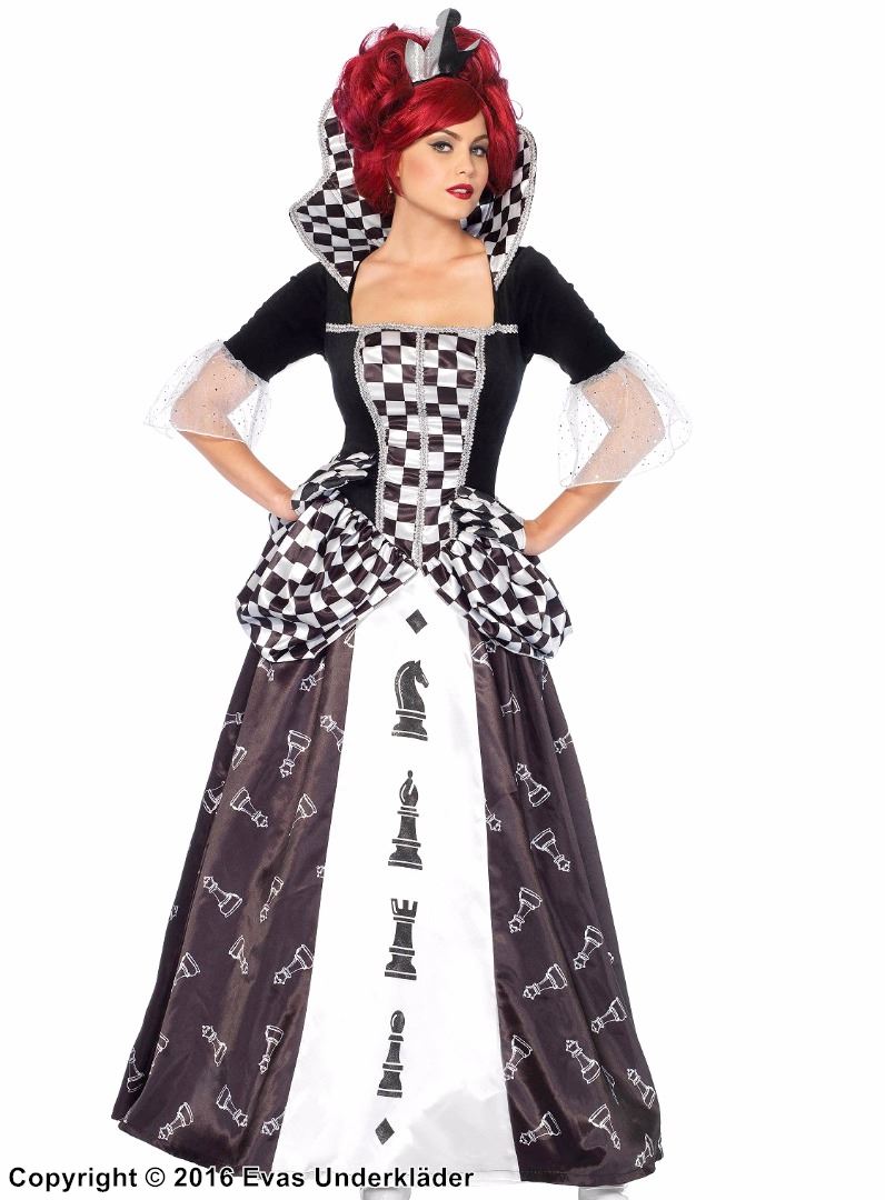 Schack-drottning, maskeradklänning med stående krage, rutmönster
